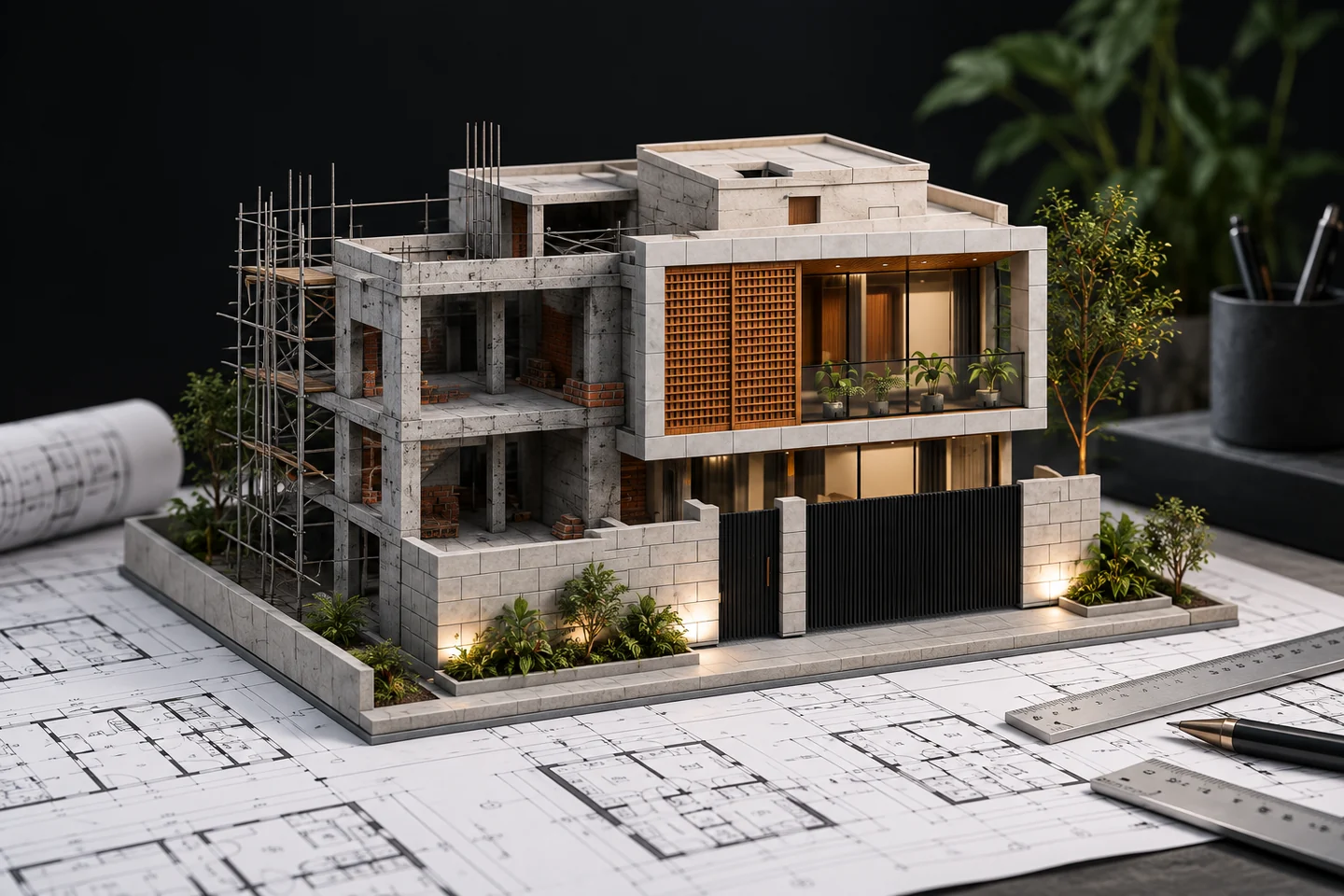 House design model arranged over architectural drawings
