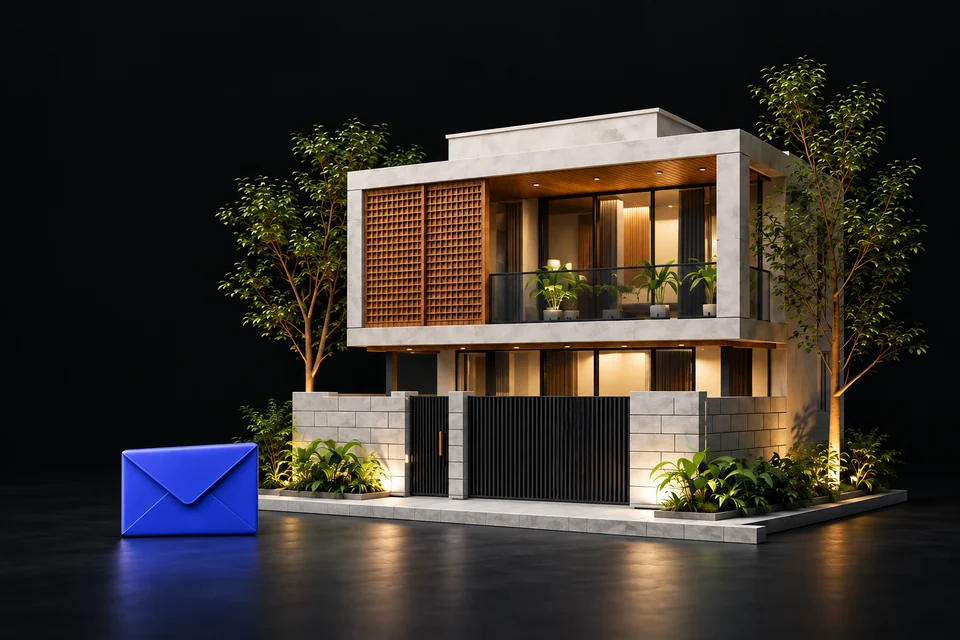 A miniature home with a blue envelope, ready for your project conversation