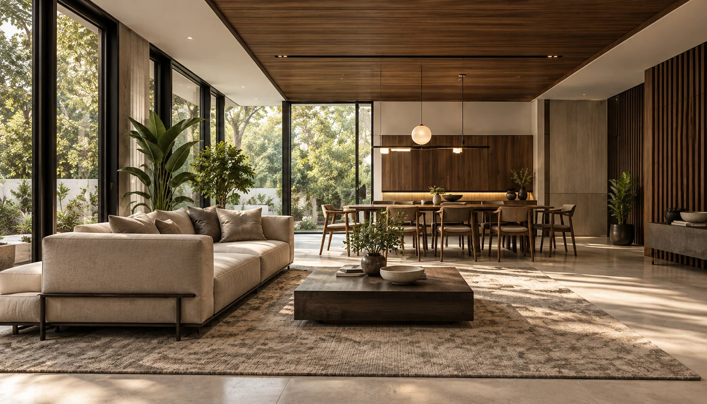 Interior design visual with coordinated timber, lighting and furniture
