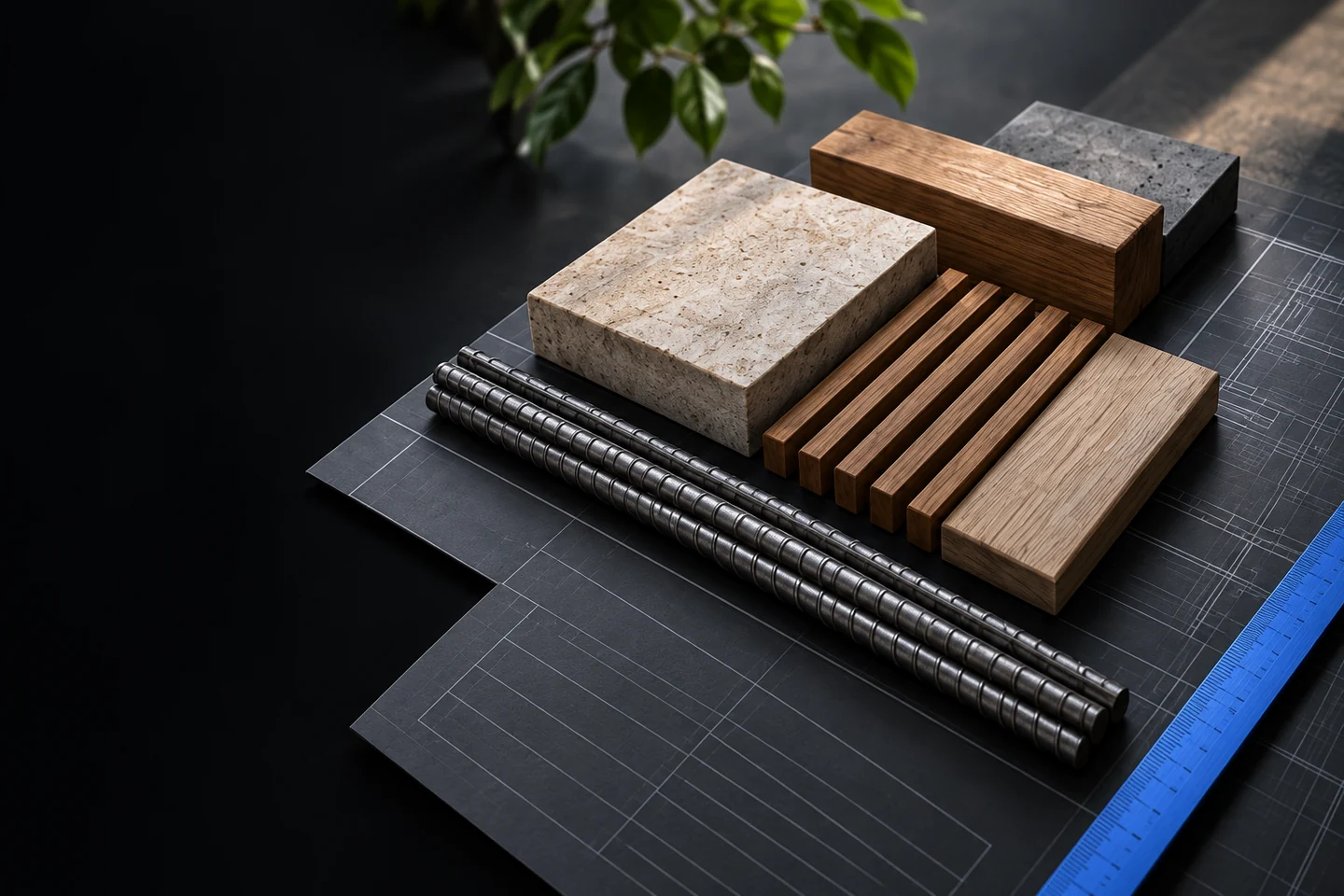 Bricks, reinforcement steel and concrete samples arranged with construction drawings