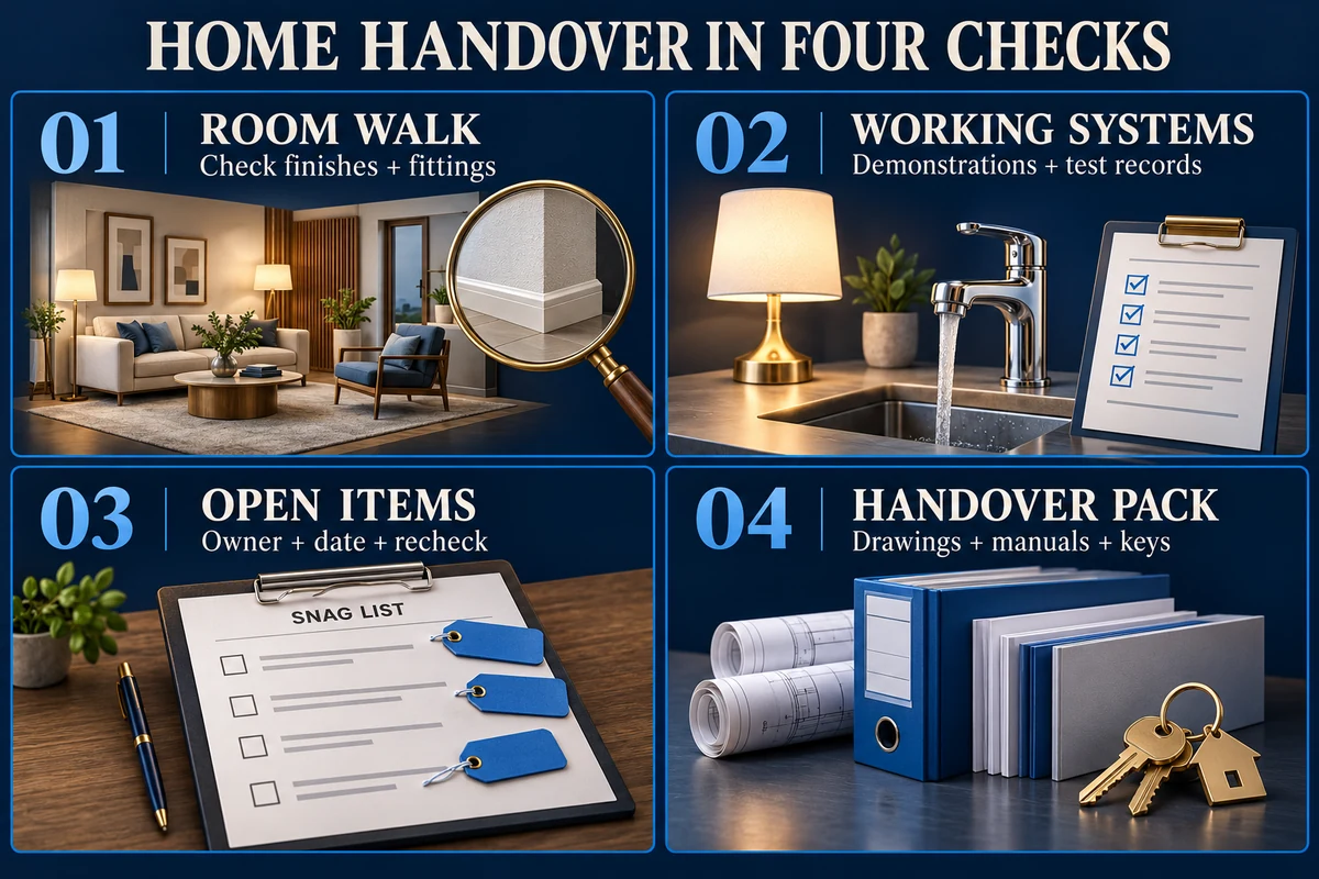 Home handover in four checks: room walk, working systems and test records, open items with responsibility and recheck, and a pack of drawings, manuals and keys