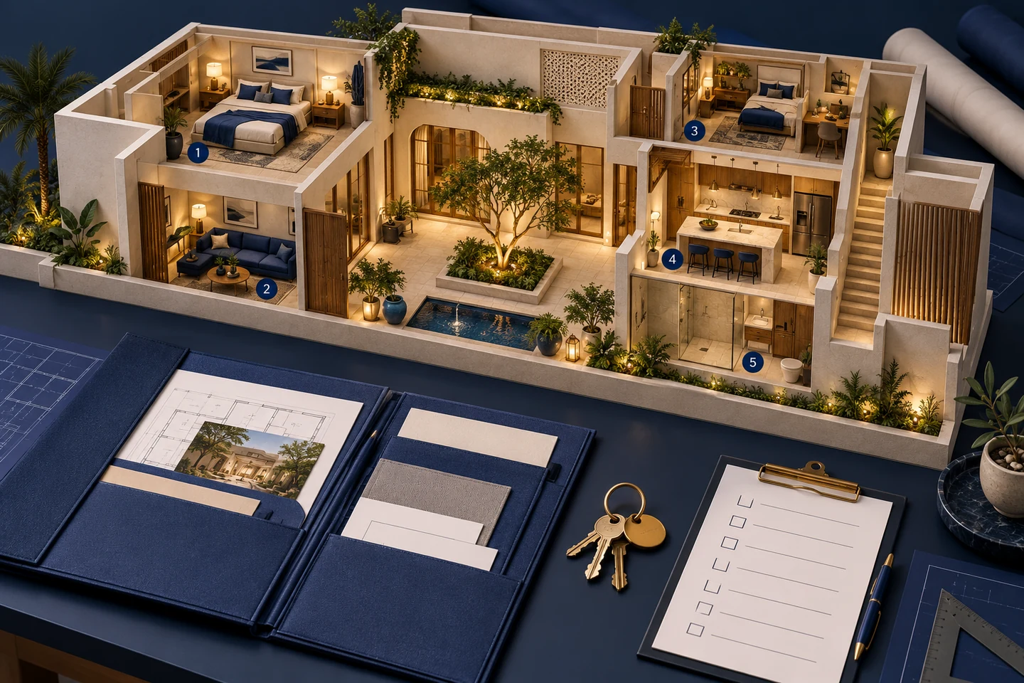 Conceptual courtyard house cutaway with room markers beside a blue handover folder, keys and inspection clipboard