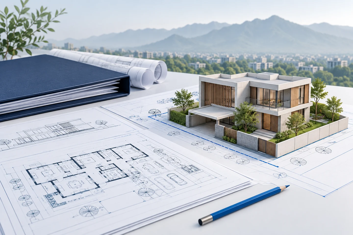 Architectural house model over drawings beside a document folder, with an Islamabad-inspired hill backdrop