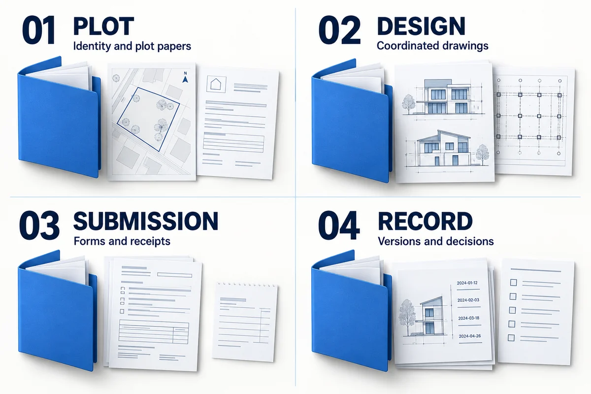 Four document groups: plot identity papers, coordinated design drawings, submission forms and receipts, and versions and decisions