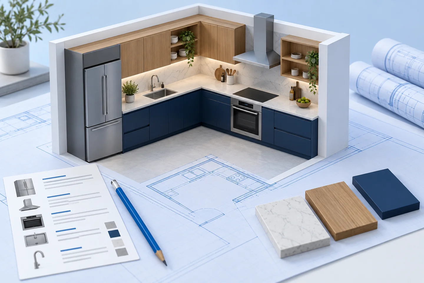 Illustrative miniature kitchen with navy cabinets, selected appliances, drawings and material samples on a drafting table