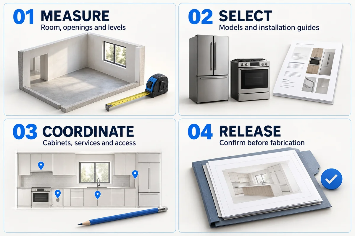 Four kitchen-planning steps: measure the room, select appliance models, coordinate cabinets and services, and confirm before fabrication