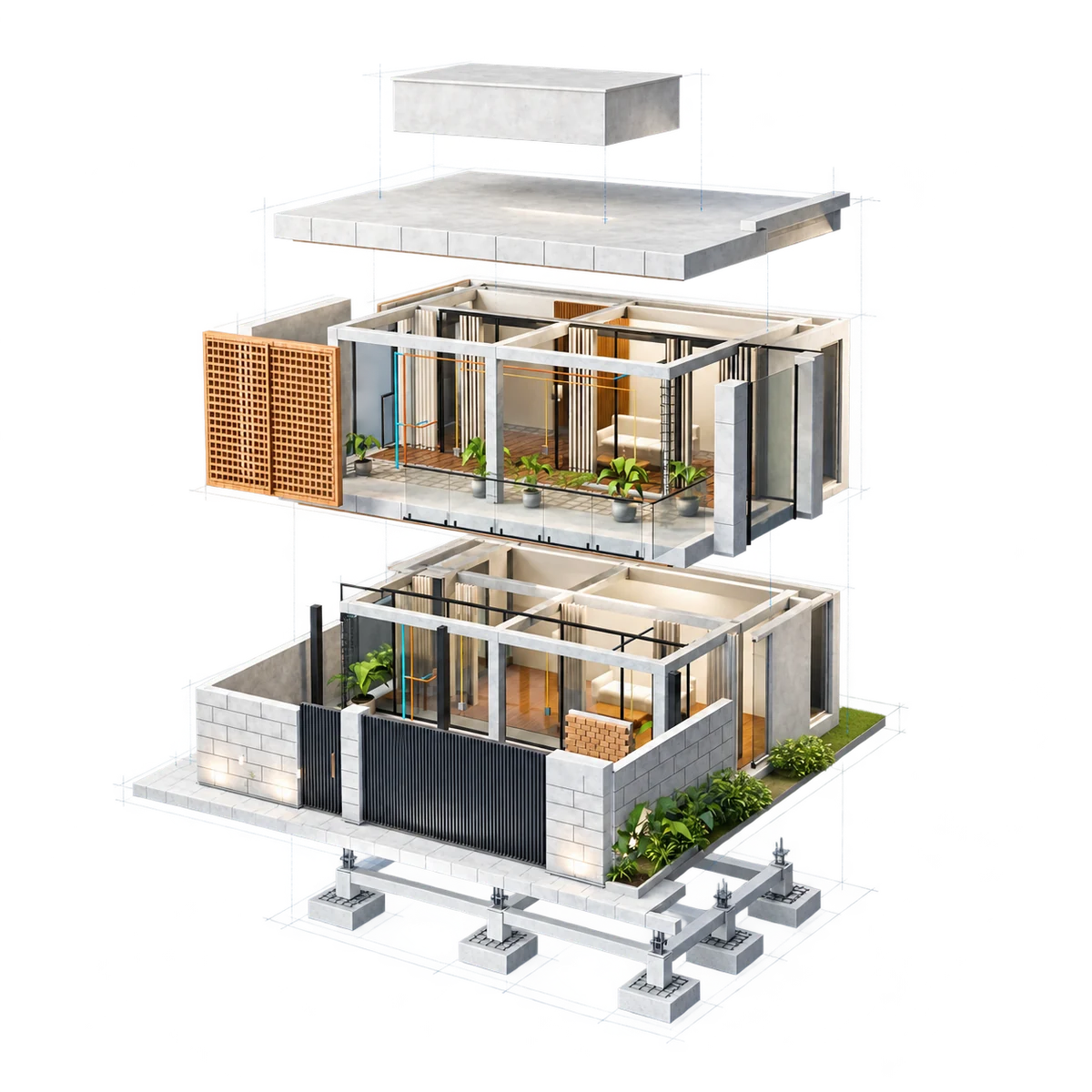 Exploded architectural model separating a duplex into roof, floors, structure and foundations