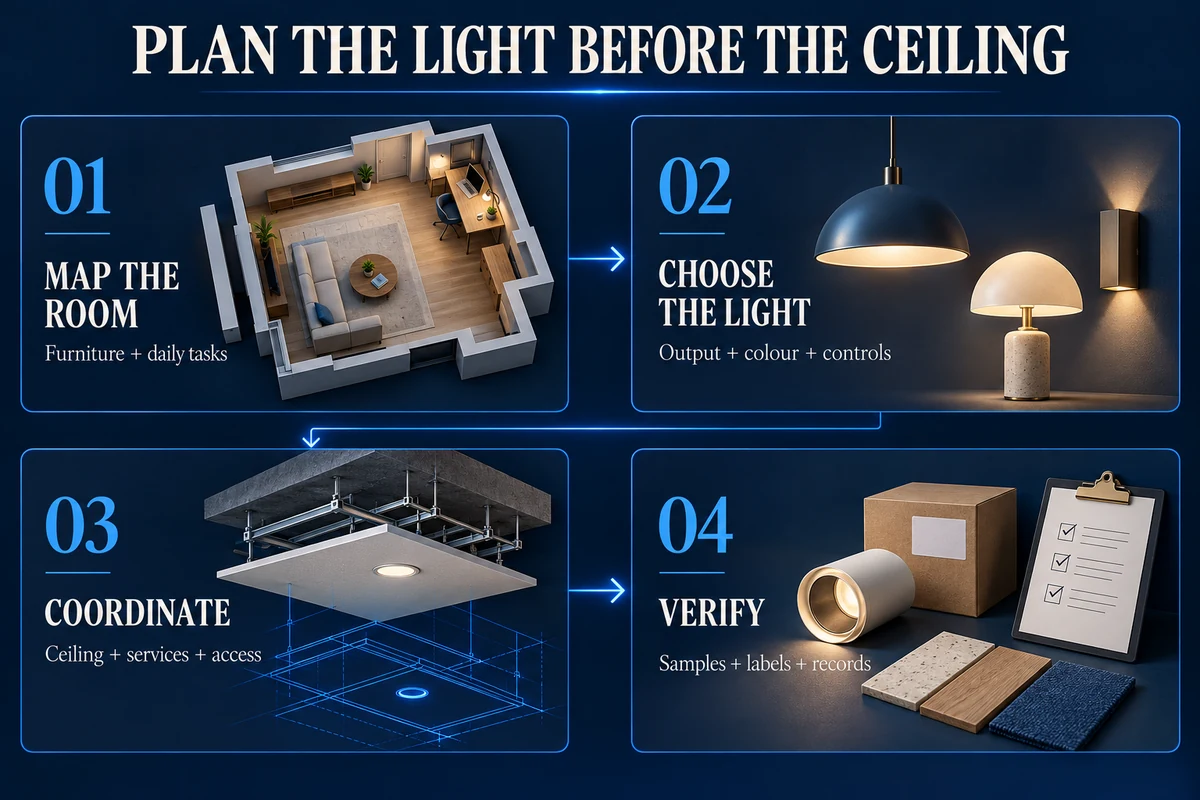 Four lighting-planning steps: map furniture and tasks, choose output and controls, coordinate ceiling services and access, and verify samples, labels and records