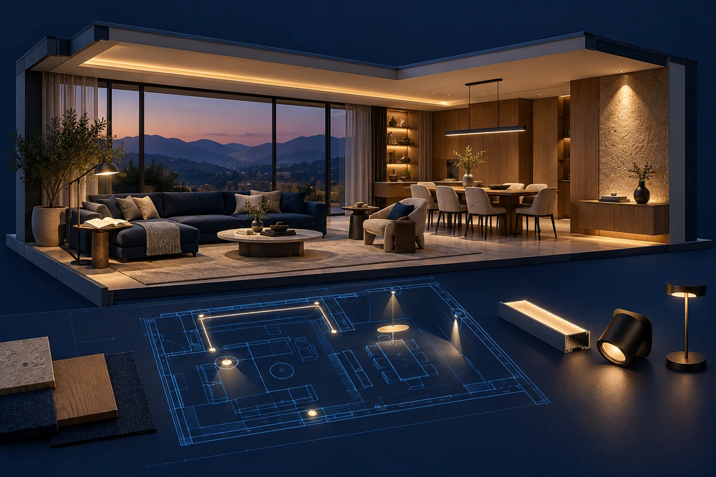 Conceptual living and dining room cutaway showing general, task and accent lighting beside a blue lighting plan and fixture samples