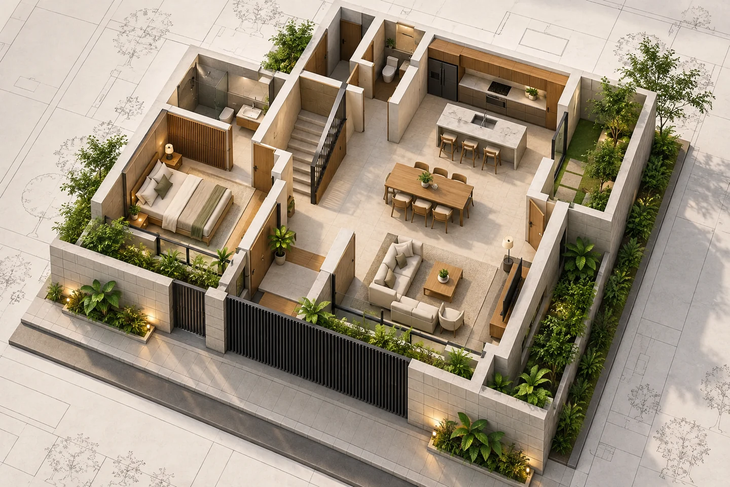 Roofless architectural model showing furnished rooms, circulation and stairs