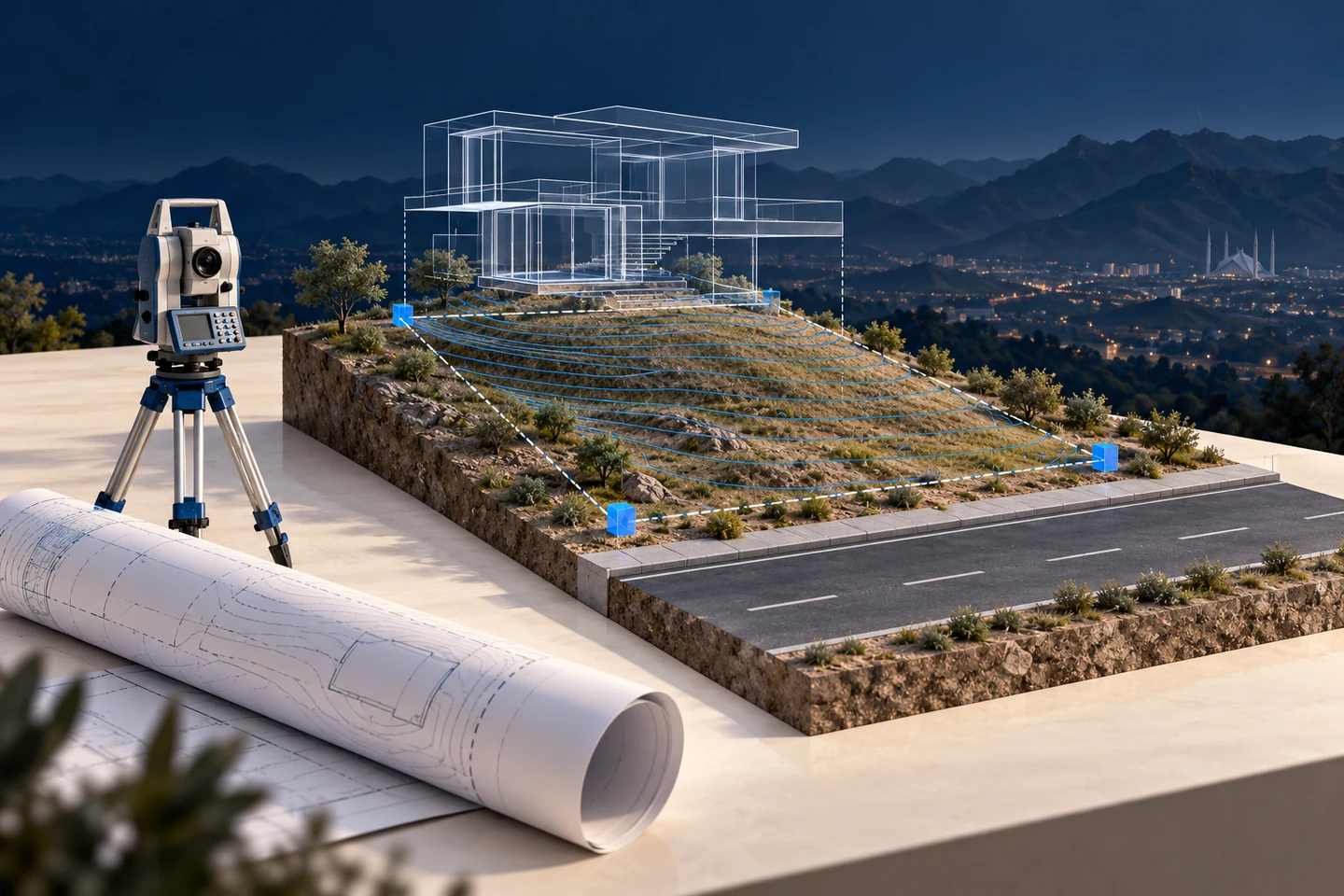 Conceptual sloping residential plot with contour lines, survey instrument and a wireframe future house against an Islamabad-inspired hill backdrop