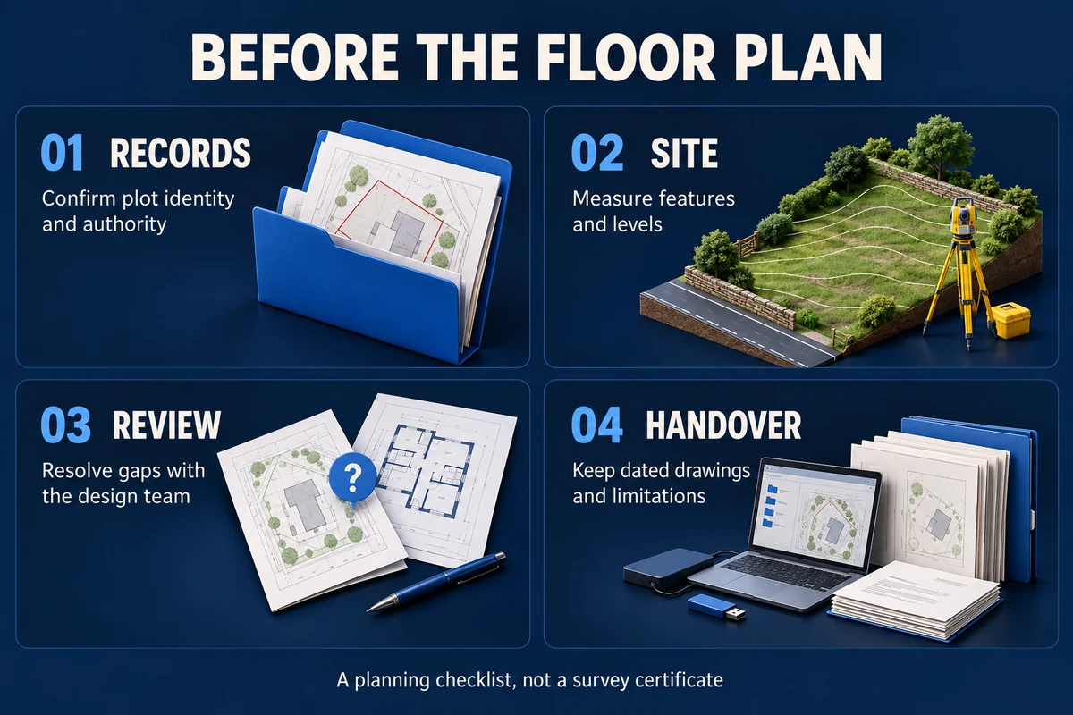 Before the floor plan: confirm plot records, measure site features and levels, resolve gaps with the design team, and keep dated drawings and limitations