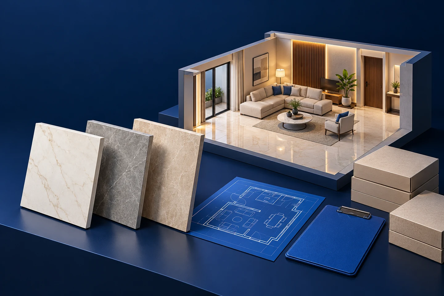 Conceptual tiled room model beside neutral tile samples, cartons, a blue floor plan and a purchasing clipboard