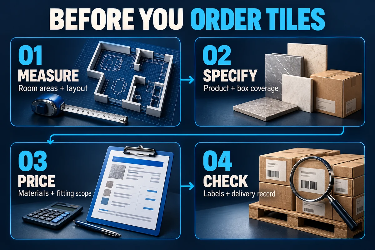 Before ordering tiles: measure room areas and layout, specify product and box coverage, price materials and fitting scope, and check labels and delivery records