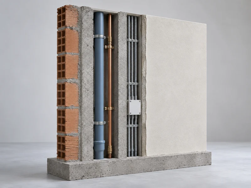 Cutaway illustration of a wall showing masonry, surface layers and concealed services