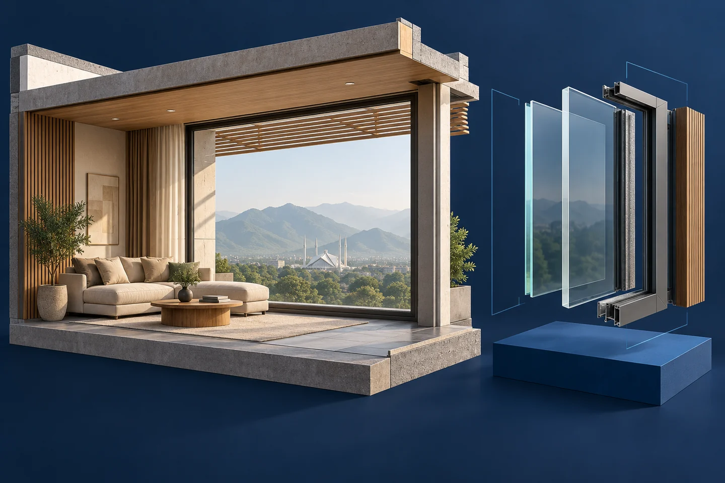 Conceptual room cutaway beside a window sample with Islamabad-inspired hills in the background