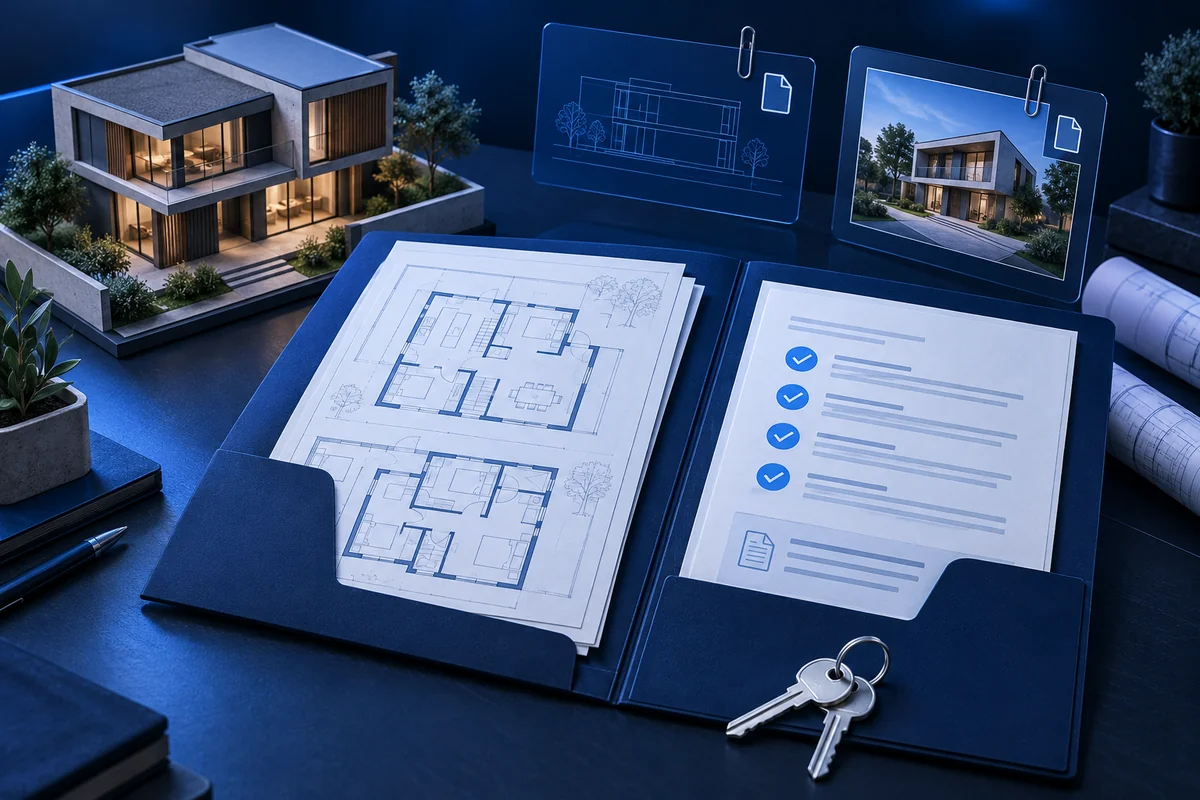 An architectural document folder with floor plans, a handover checklist, house keys and a home model
