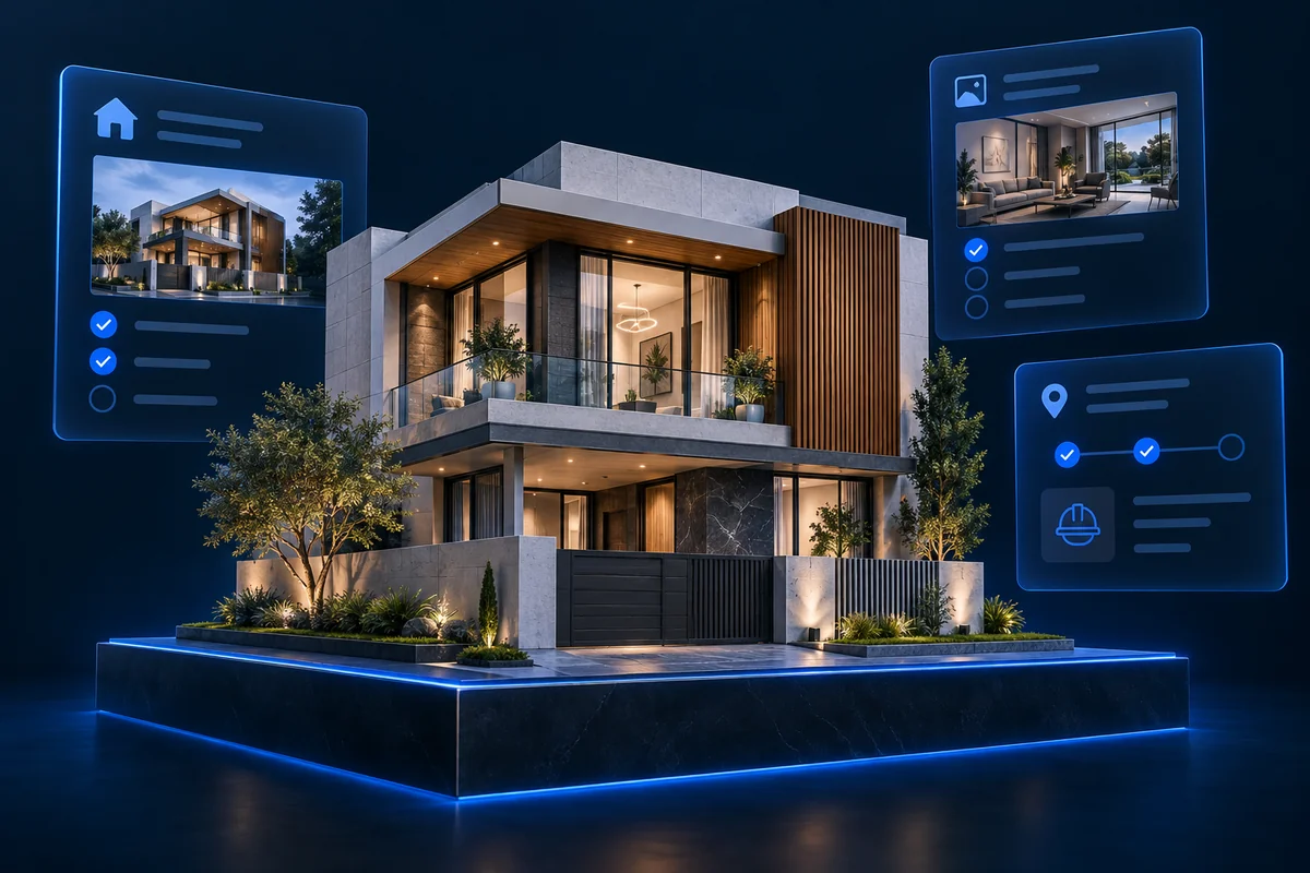 A home model surrounded by project, photo and milestone cards, illustrating the project overview